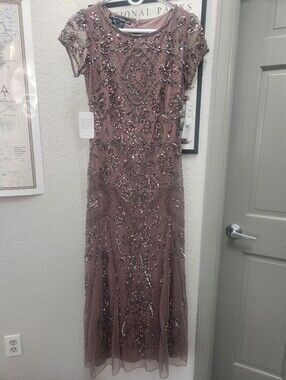 Beaded Mesh Midi Cocktail Dress Pisarro Nights Blush Pink Gown Wedding Size 4